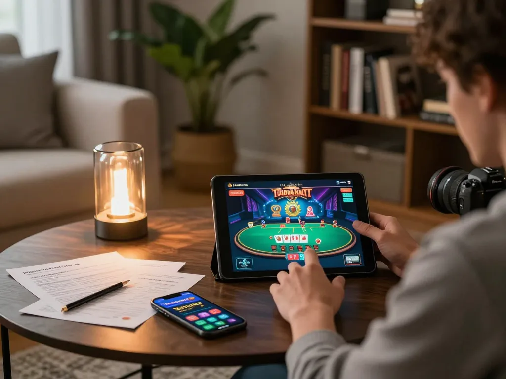 Engaging in online poker on a tablet, showcasing virtualpaymentsystems seamlessly integrated into home gaming.