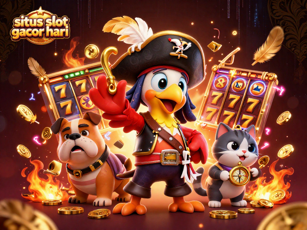 situs slot gacor hari ini memperlihatkan ilustrasi kasino yang dinamis dengan karakter kartun berdimensi tiga.