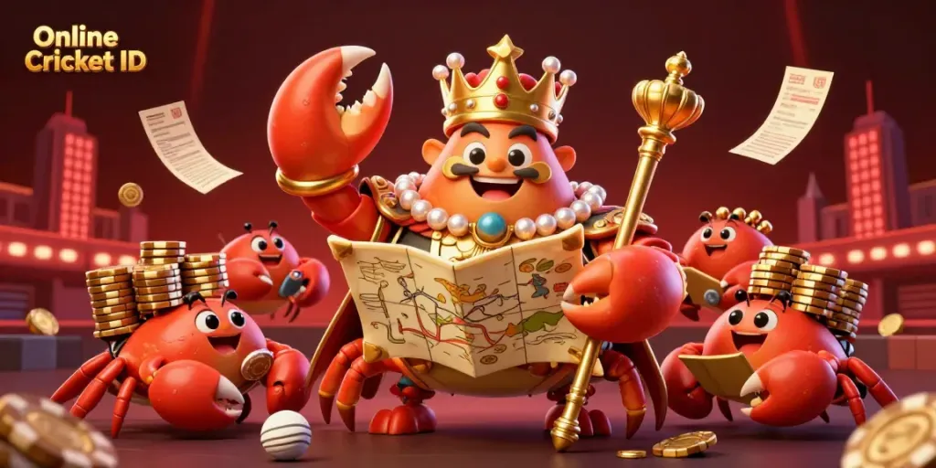 Experience Online Cricket ID with vibrant betting action in a 3D scene featuring a golden crab emperor amidst cricket-themed elements.