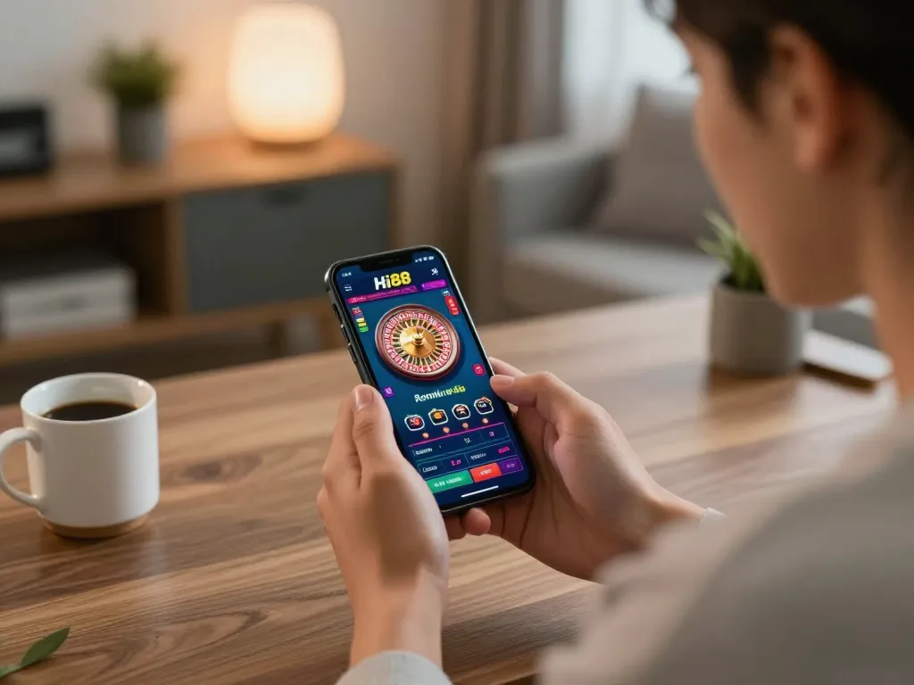 Engaging with the Hi88 mobile app while playing roulette in a cozy home setting.