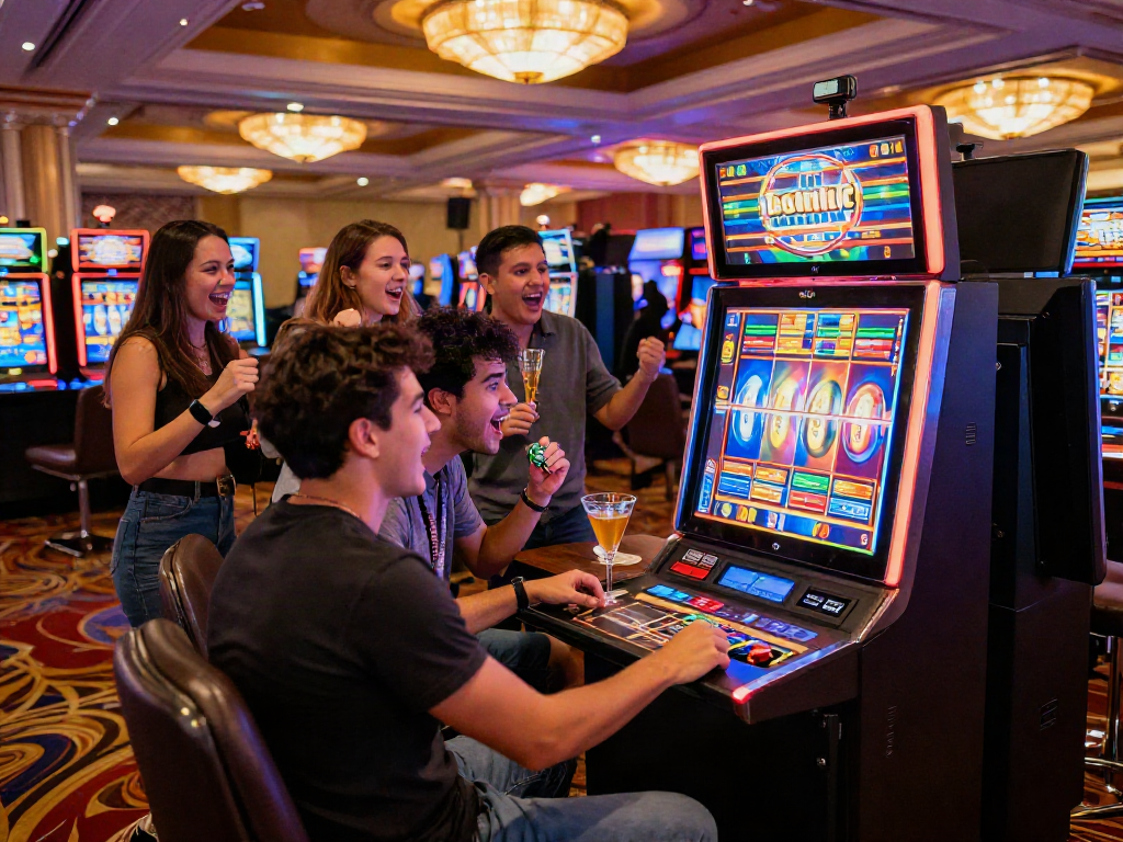 Exciting group playing slot gacor in a vibrant casino atmosphere