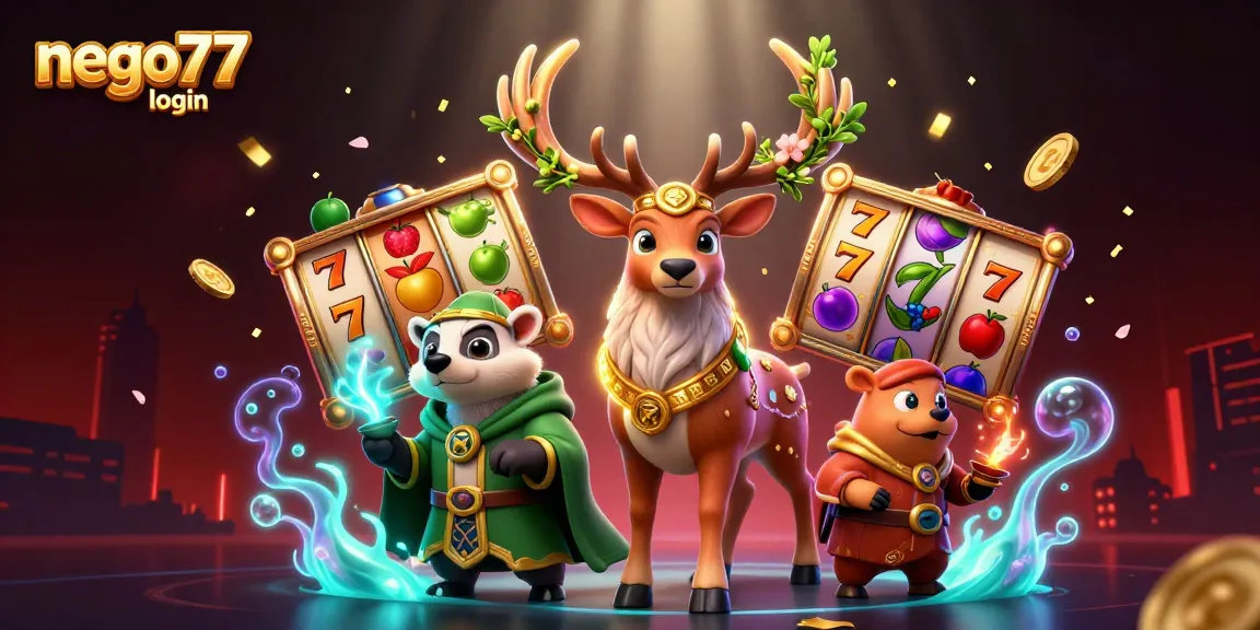 Engage with the exciting world of gambling through NEGO77 login, featuring vibrant casino elements and characters.
