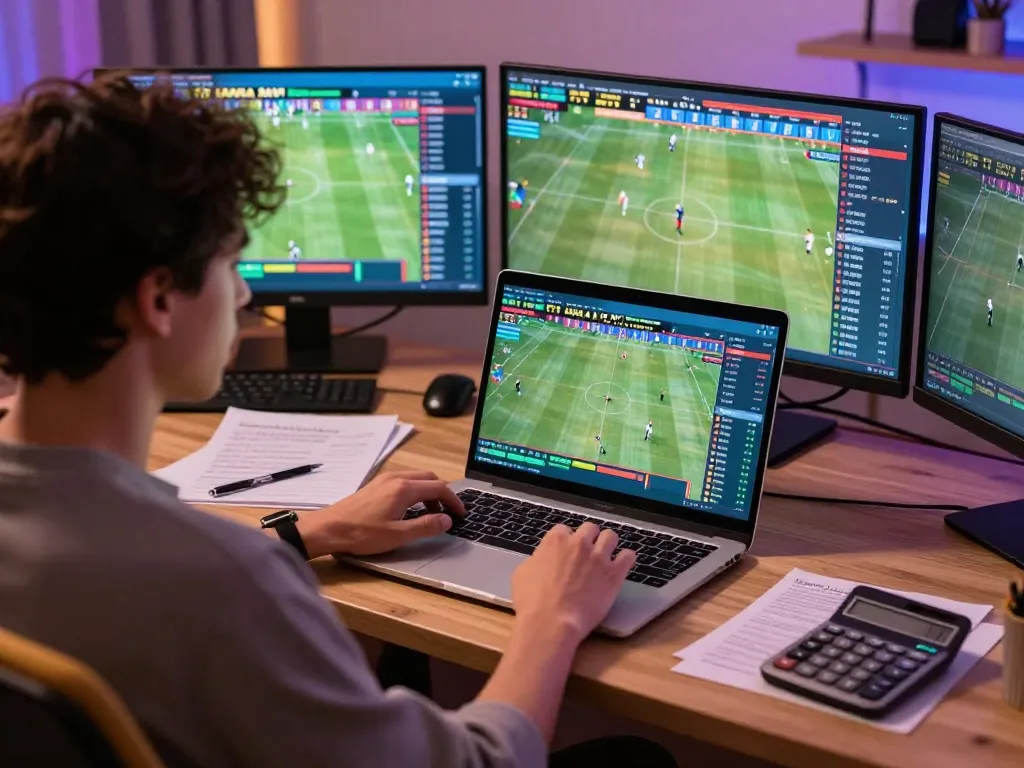 rr99 player analyzing sports bets on laptop, notes and calculator beside them