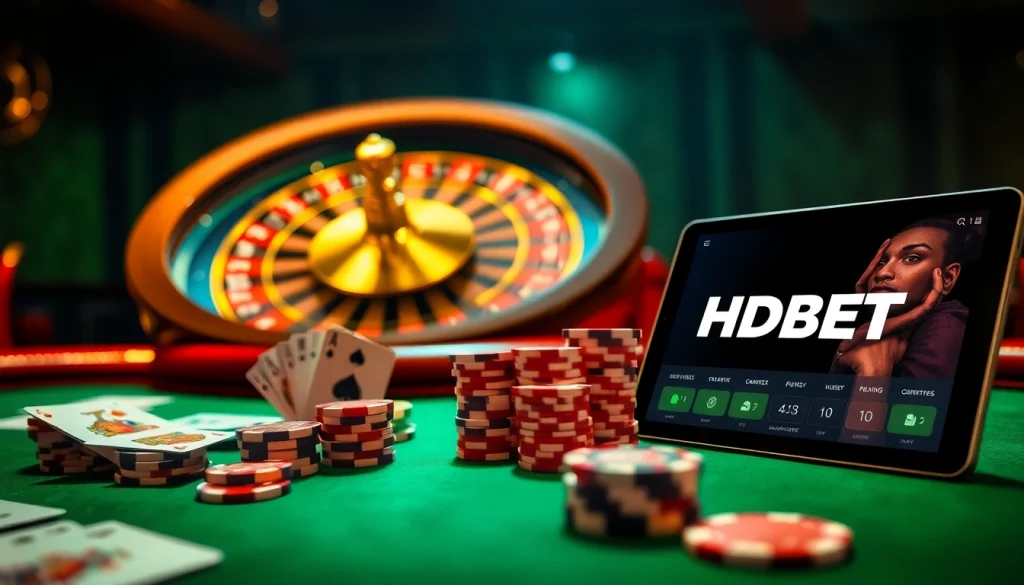 Experience thrilling gameplay with HDBET at an upscale casino poker table featuring colorful chips and cards.
