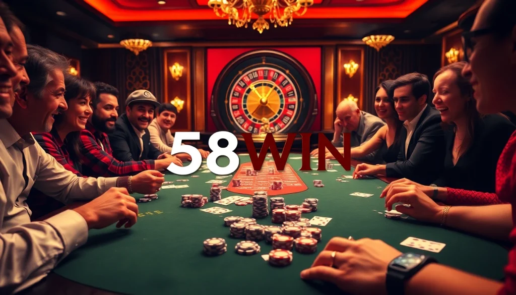 Players celebrating their wins at the 58WIN poker table in a vibrant casino atmosphere.