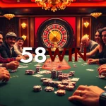 Players celebrating their wins at the 58WIN poker table in a vibrant casino atmosphere.