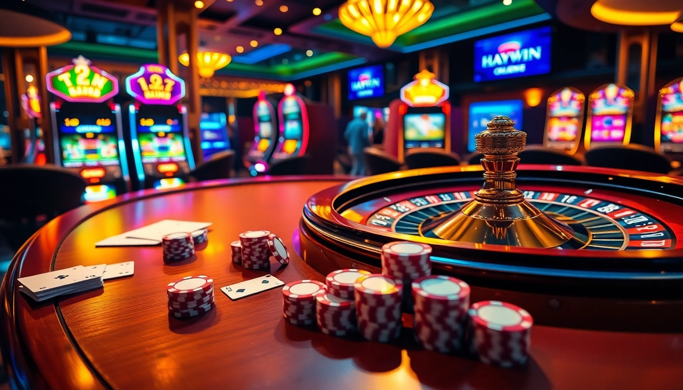 Experience thrilling gameplay at http://2haywin.pro/ with luxurious casino elements like poker tables and roulette wheels.