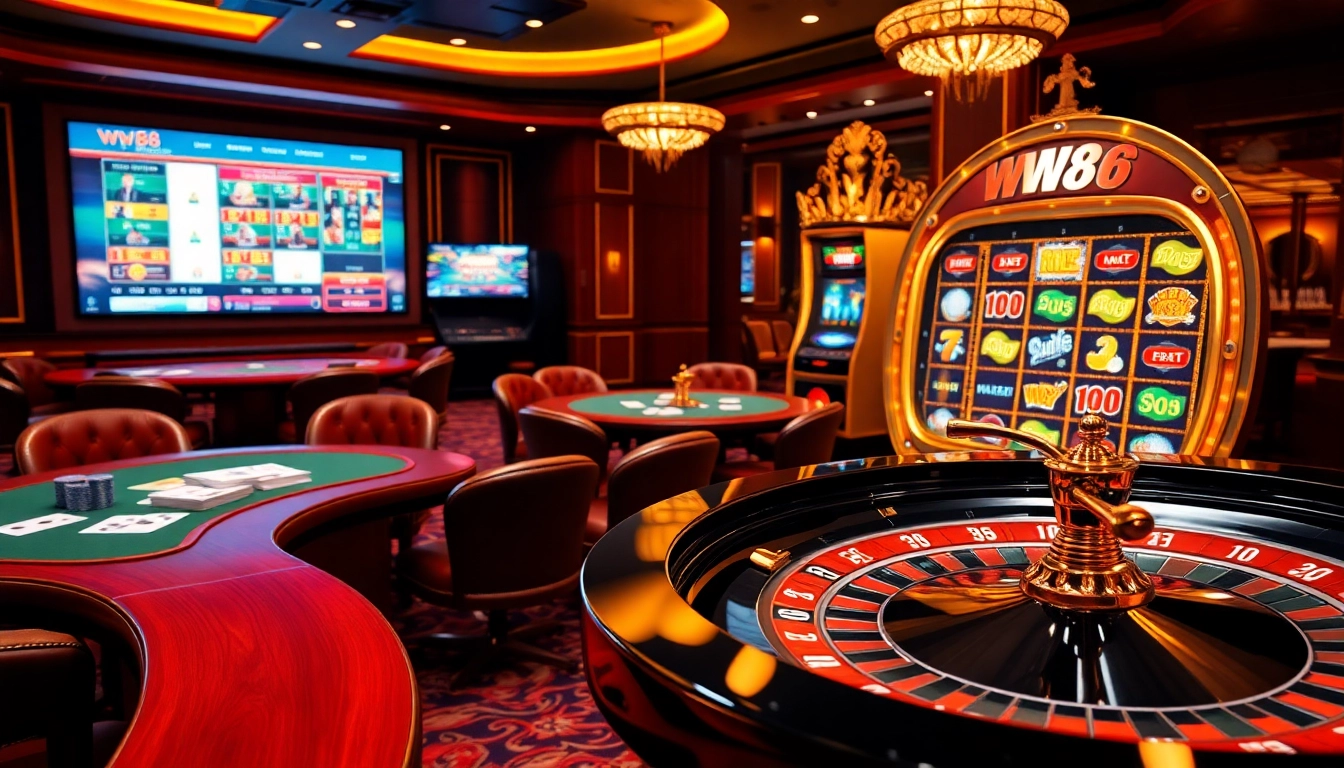 Experience the exciting gaming atmosphere of ww88 with poker chips and roulette wheels.