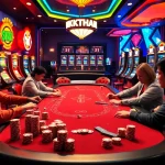 Players enjoying an exciting poker game at MK8thai casino, surrounded by vibrant slot machines.