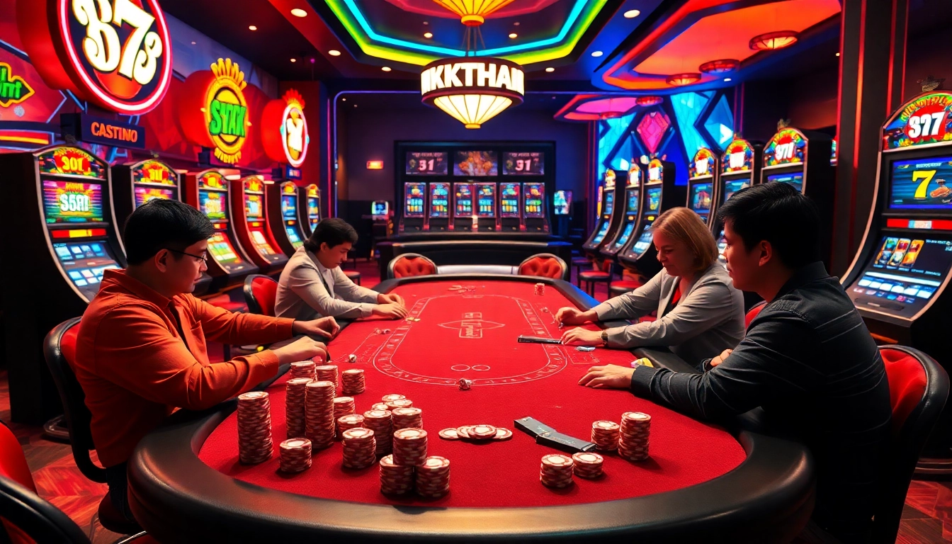 Players enjoying an exciting poker game at MK8thai casino, surrounded by vibrant slot machines.