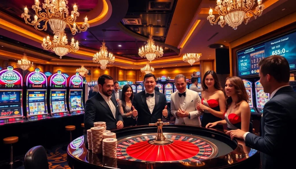Pahala4d enhancing excitement at a luxurious casino, showcasing gamblers around a roulette table.