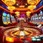 Adegan perjudian Datukwin yang menarik menampilkan roulette, chip poker, dan suasana kasino yang hidup.