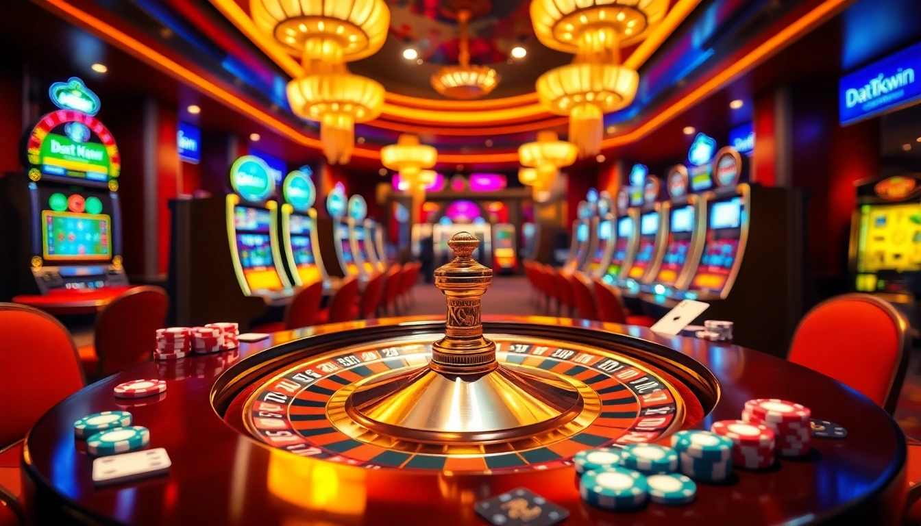 Adegan perjudian Datukwin yang menarik menampilkan roulette, chip poker, dan suasana kasino yang hidup.