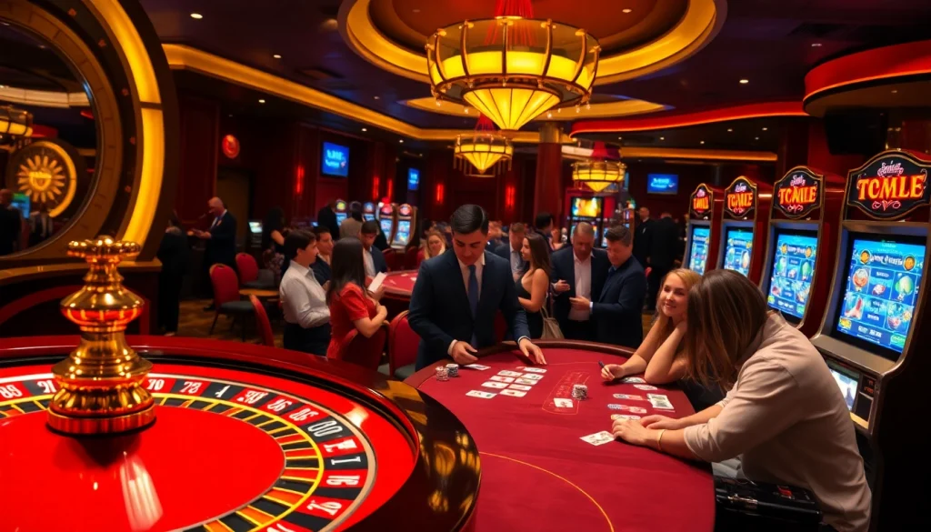 F8bet casino scene showing exciting roulette and blackjack games with players engaged and winning.