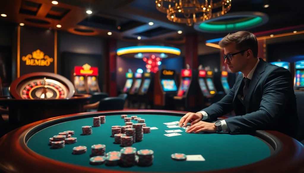 Experience a thrilling poker game at BEM88 with vibrant gaming elements and luxury ambiance.