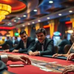 優塔娛樂城的華麗賭場場景，玩家和莊家專注於撲克遊戲，氛圍熱烈。