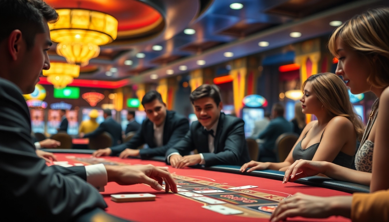 優塔娛樂城的華麗賭場場景，玩家和莊家專注於撲克遊戲，氛圍熱烈。