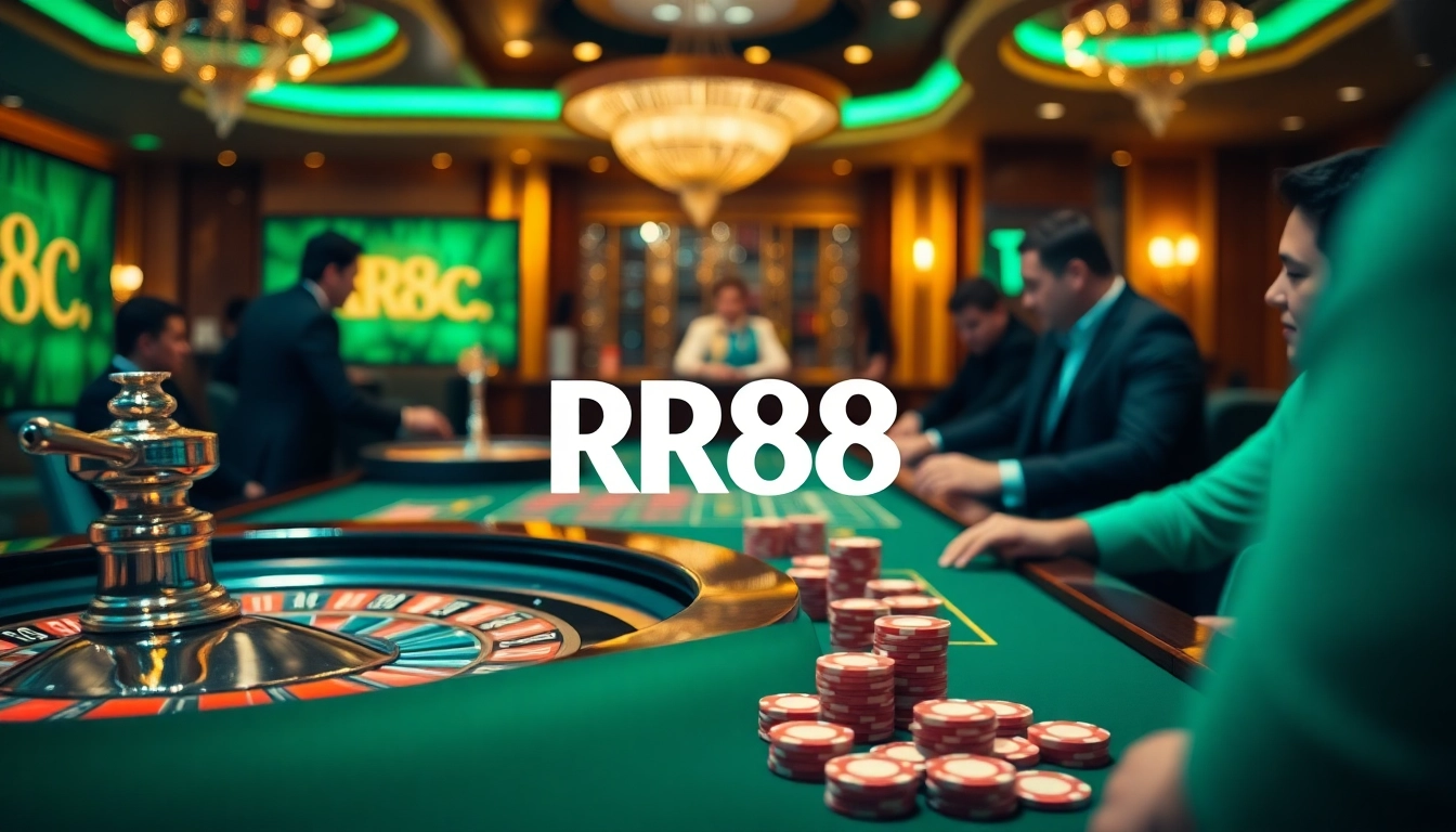 RR88 casino players enjoying a luxurious poker game with vibrant colors.