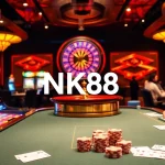 Players strategize and engage at a casino table showcasing NK88, featuring vibrant chips and cards.