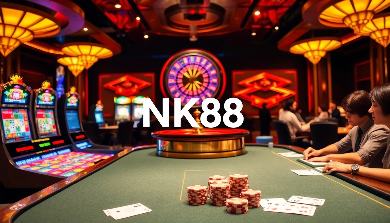Players strategize and engage at a casino table showcasing NK88, featuring vibrant chips and cards.