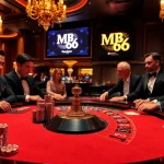 Exciting roulette game scene at MB66 casino with vibrant colors and elegant players.