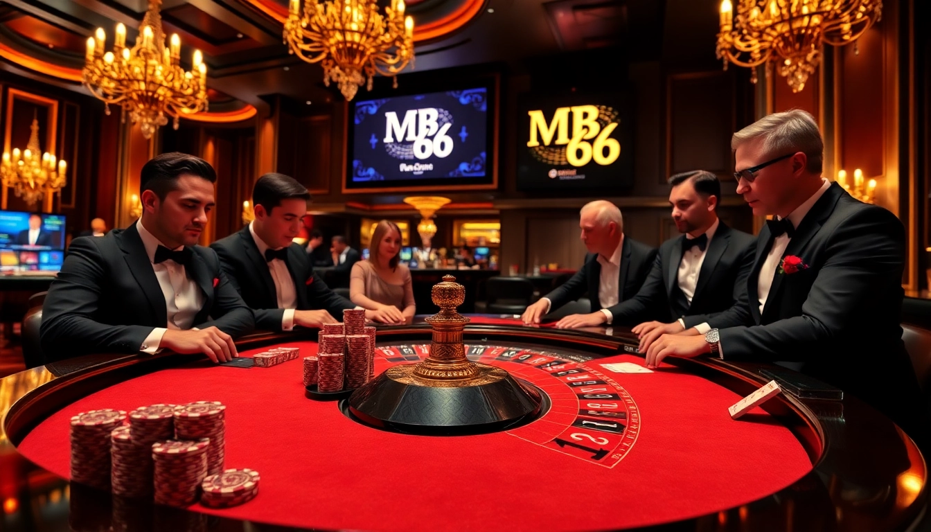 Exciting roulette game scene at MB66 casino with vibrant colors and elegant players.