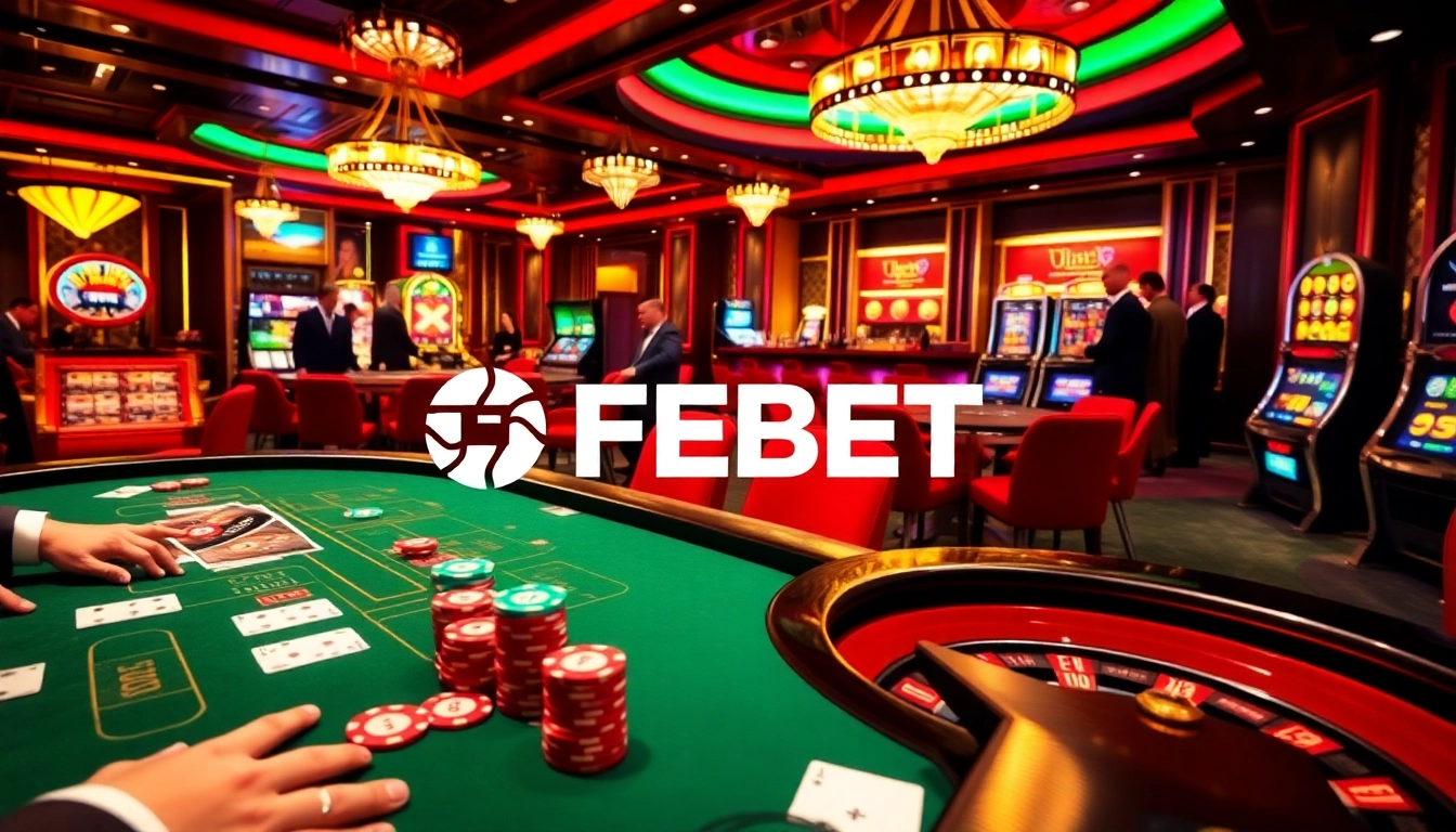 Players enjoying a thrilling poker game at FEBET casino table with vibrant chips and cards.