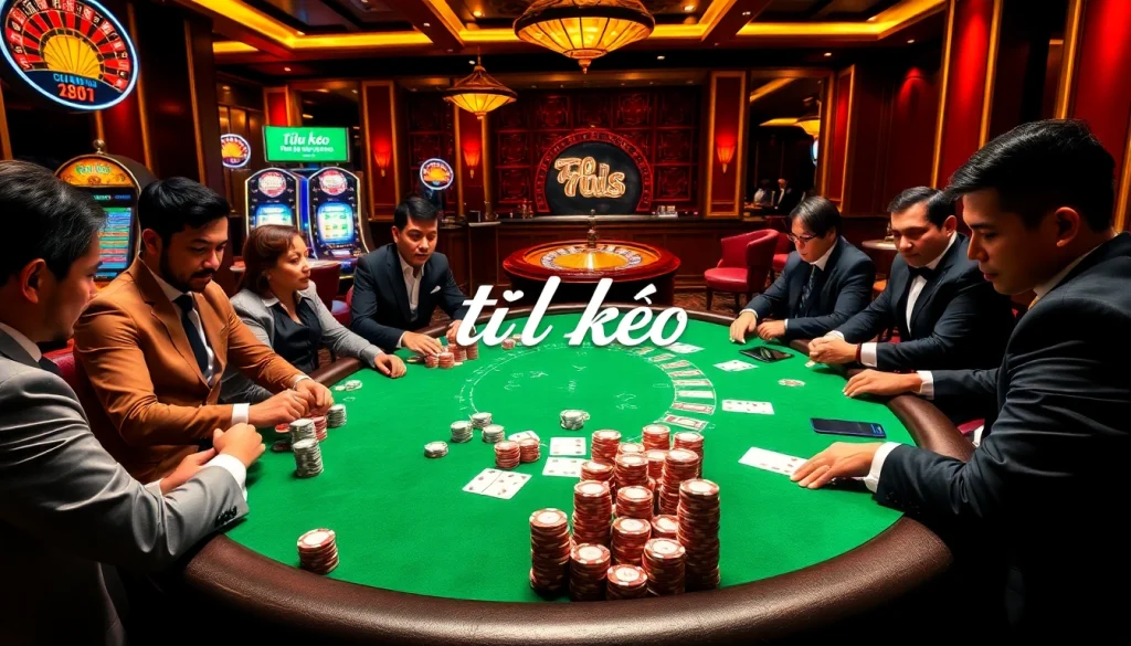 Exciting scene showcasing players analyzing tỷ lệ kèo at a luxurious poker table.