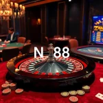 Nc88 casino scene with exciting roulette wheel, poker table, and luxury elements.