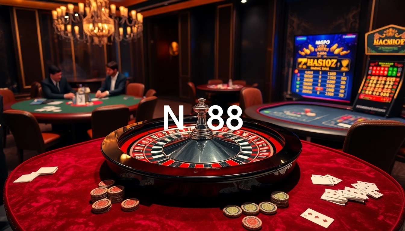 Nc88 casino scene with exciting roulette wheel, poker table, and luxury elements.