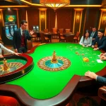 An exciting casino scene featuring LINK 8DAY with players engaged at a roulette wheel and poker table.