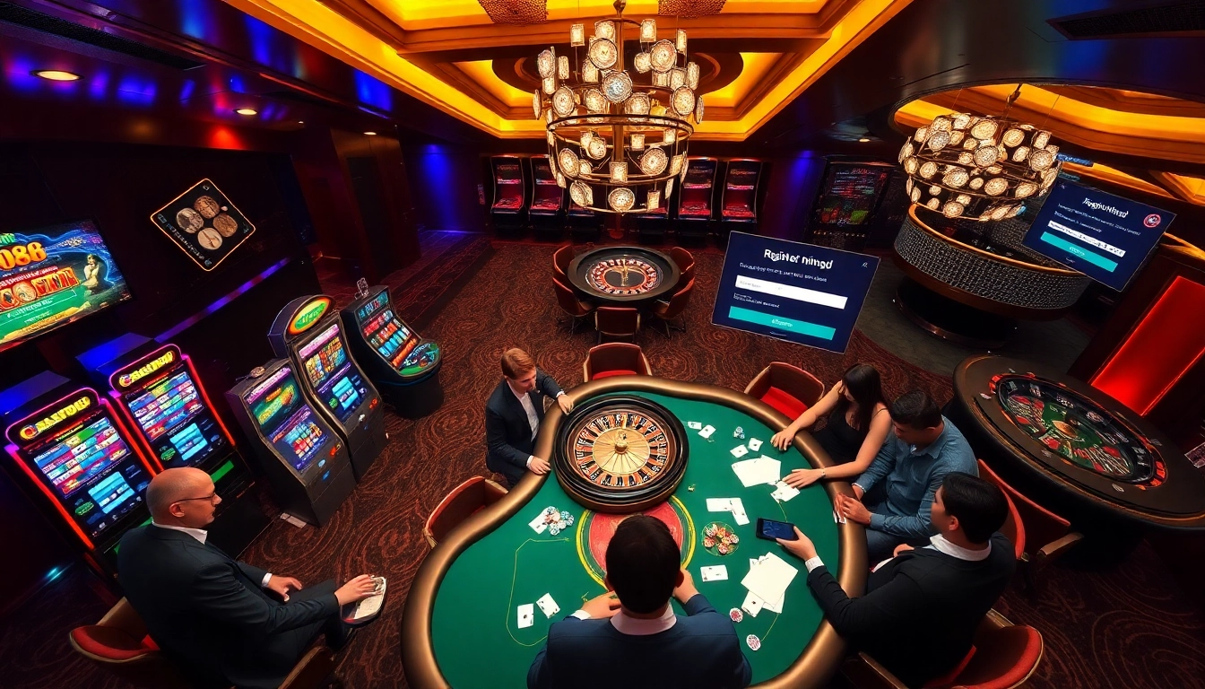 Engaging scene of gamblers enjoying games with a focus on đăng nhập xn88 and casino excitement.