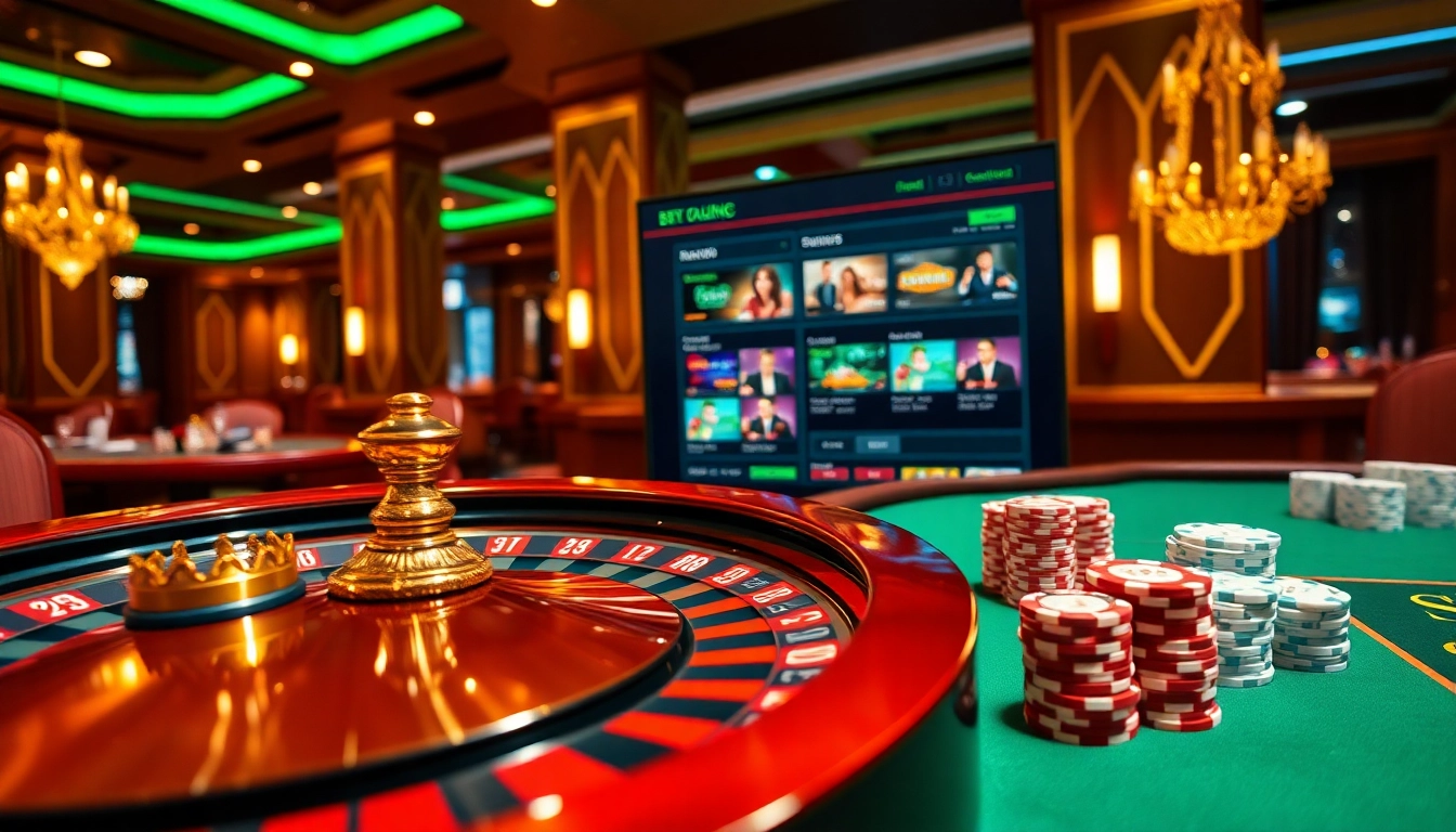 Visual representation of an exciting online gambling scene at http://vt88.co/ with roulette, cards, and poker chips.