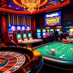 Gamblers experiencing the thrill of 'bongdalu' at a luxurious casino with poker and roulette tables.