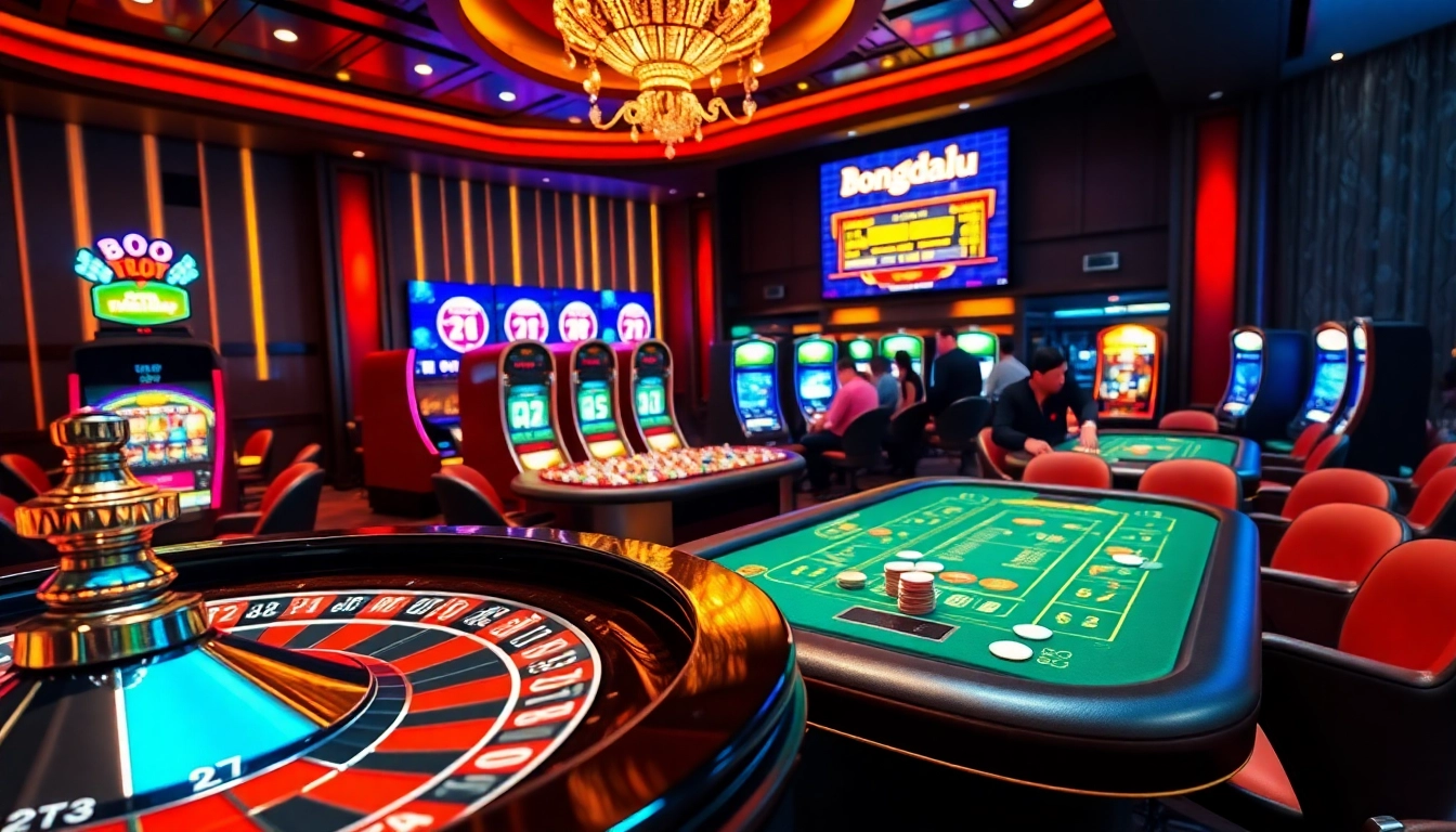 Gamblers experiencing the thrill of 'bongdalu' at a luxurious casino with poker and roulette tables.