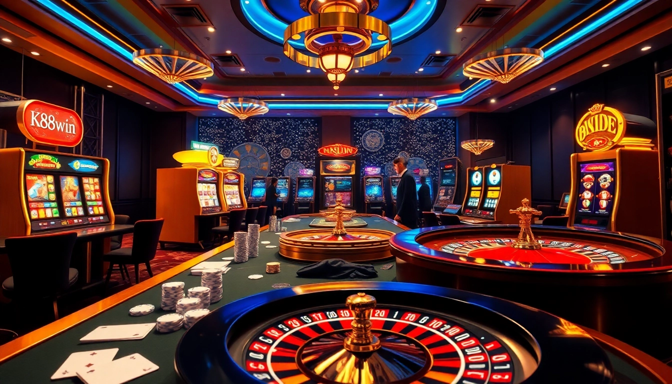 K88win offers a vibrant online casino scene with poker tables, vibrant slot machines, and engaging gaming action.