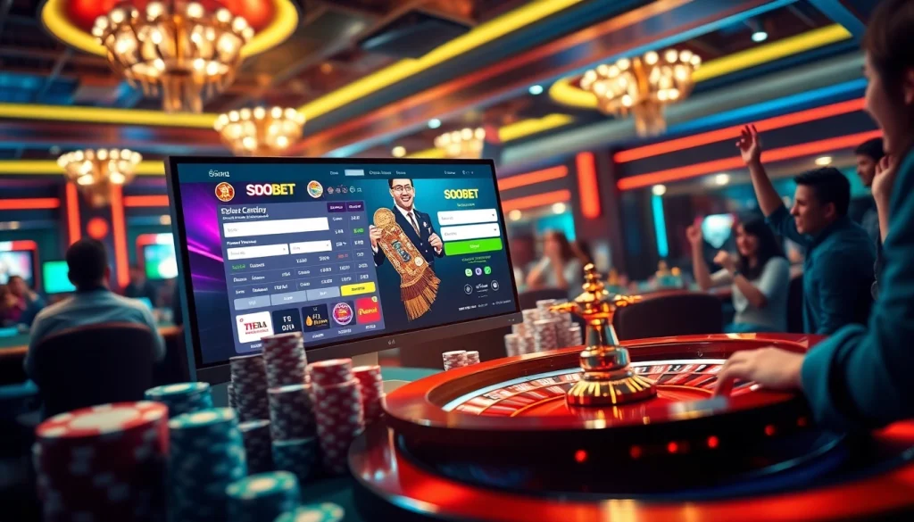 Engage with sbobet login on a dynamic online gambling interface amidst vibrant casino elements.
