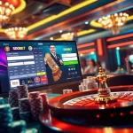 Engage with sbobet login on a dynamic online gambling interface amidst vibrant casino elements.