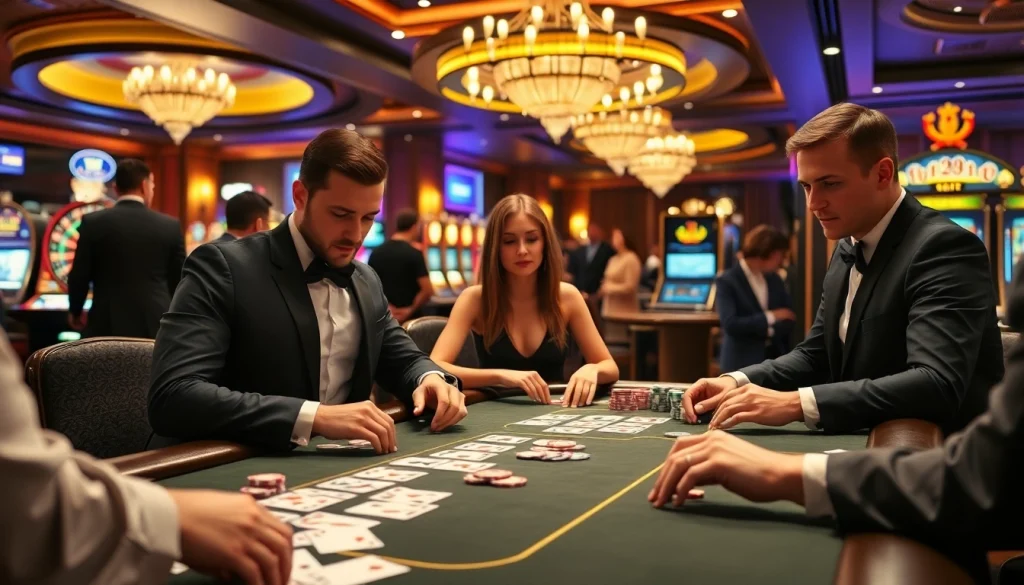 Poker players strategizing at https://nhacaiuytinvn.us.com/ in a luxurious casino atmosphere.